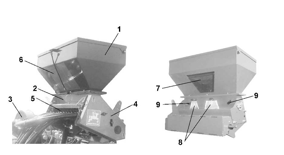 3 Pneumatyczny rozsiewacz mikrogranulatów Pneumatyczny rozsiewacz mikrogranulatów 3.1 Opis produktu Ten rozdział podaje opis budowy maszyny.