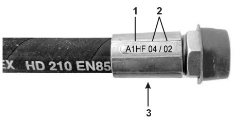 Czyszczenie, konserwacja i naprawy 12.12.1 Oznakowanie węży hydraulicznych Oznakowanie armatury dostarcza następujących informacji: Rys. 66/.