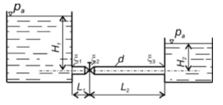 Zadanie 13 Do otwartego zbiornika wypełnionego wodą podłączony jest przewód o średnicy d = 50 mm i długości L = 25 m. Obliczyć prędkość wypływu wody z przewodu, jeśli H = 5 m.