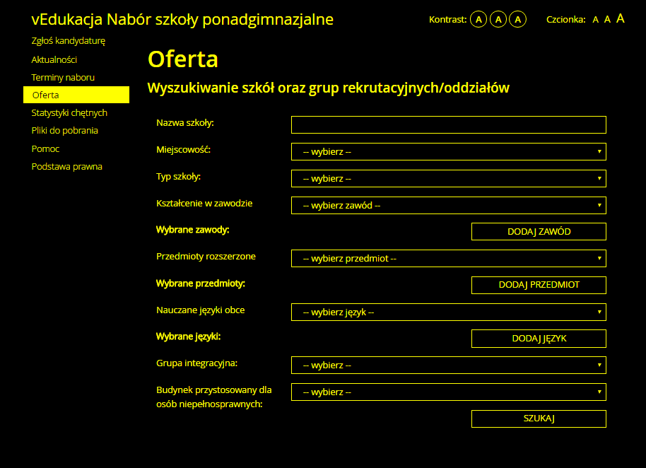 Podstawowe informacje o systemie Nabór Szkoły ponadgimnazjalne Widok strony w kontraście W czasie przeglądania oferty i rejestracji kandydata użytkownik może przełączyć widok na