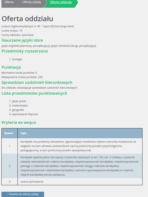 Podstawowe informacje dotyczące przeglądania oferty edukacyjnej szkół ponadgimnazjalnych Zostanie wyświetlony szczegółowy opis danej grupy, jej cechy oraz osiągnięcia i kryteria, które będą