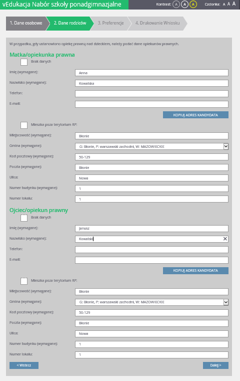 Rejestracja kandydata Krok 3: Wprowadzenie danych rodziców W trzecim kroku