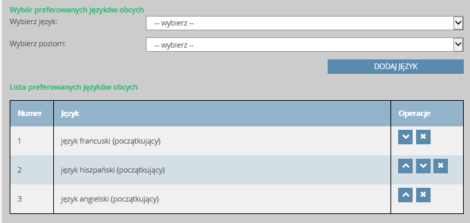 Rejestracja kandydata Po wyborze oddziałów należy utworzyć listę preferencji dla języków obcych.