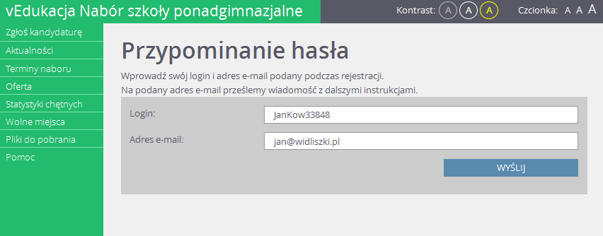 Rejestracja kandydata Korzystanie z opcji przypomnienia hasła Po rejestracji w systemie kandydat będzie mógł skorzystać dodatkowo z opcji przypomnienia hasła. W tym celu należy: 1.