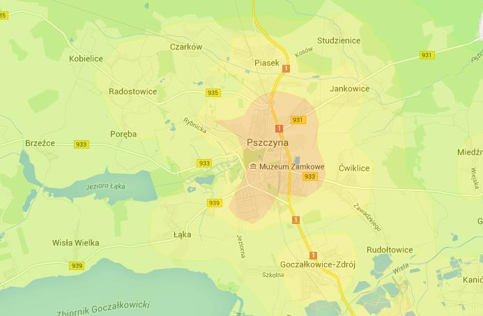 Ryc. 13. Koncentracja przekroczenia emisji PM10 z palenisk lokalnych na terenie Gminy Pszczyna Źródło: http://portal.air-silesia.