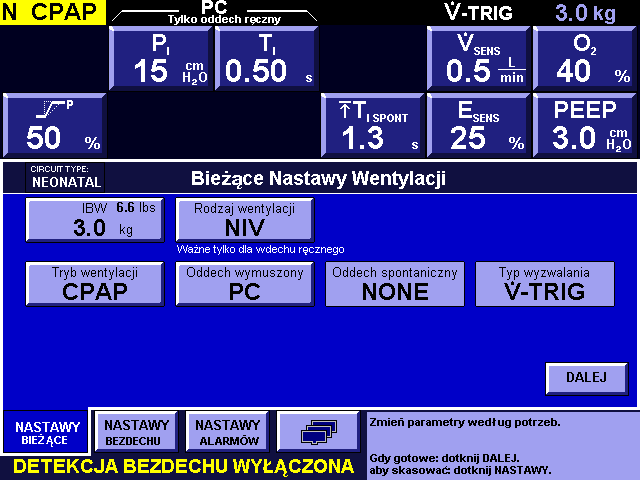 Rysunek 4. Ekran konfiguracji opcji Neo ncpap 4. Dotknąć przycisk TRYB i obrócić pokrętło, aby wybrać CPAP (Rysunek 4). Po wybraniu opcji CPAP przycisk Oddech spontaniczny stanie się nieaktywny.