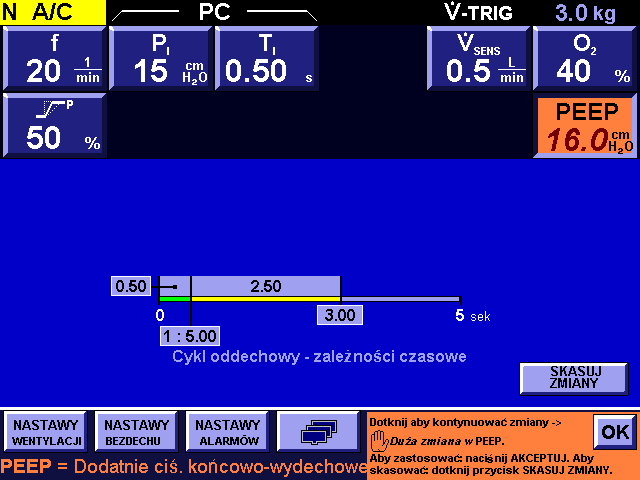 w oprogramowaniu respiratora zastosowano ograniczenie programowe chroniące przed niezamierzonymi, dużymi zmianami w ustawieniach opcji PEEP (> ± 2 cmh 2 O).