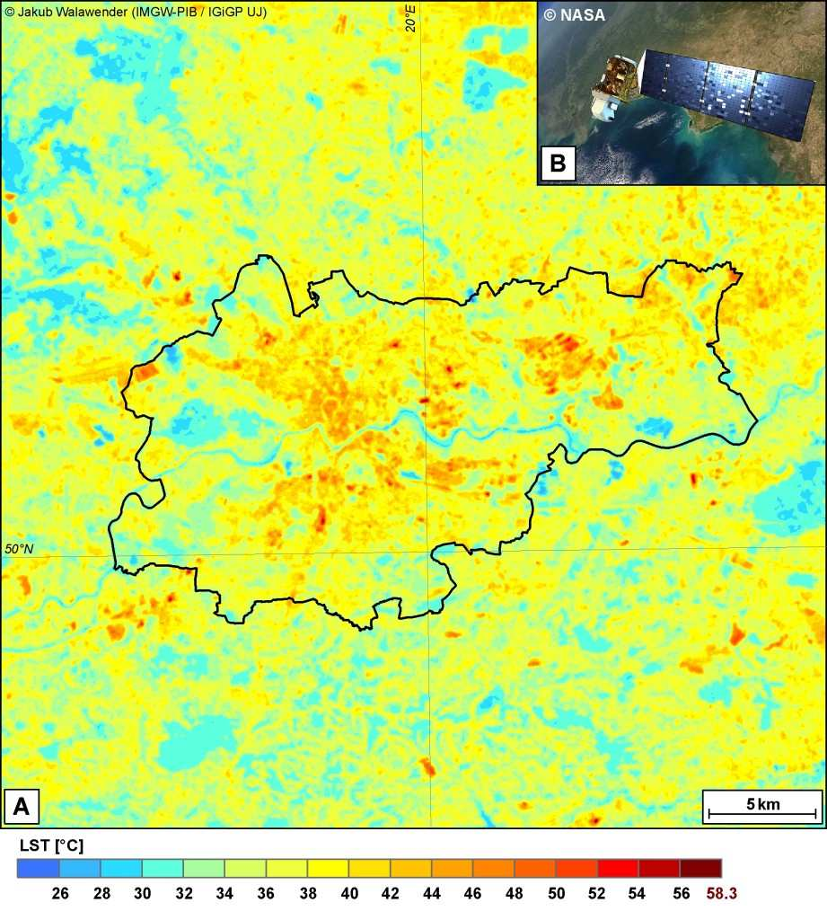Projekt badawczy i raport Miejska wyspa ciepła w Krakowie Mapa: A Temperatura powierzchni na obszarze Krakowa i okolic w dniu 7 sierpnia 2013 o godz.