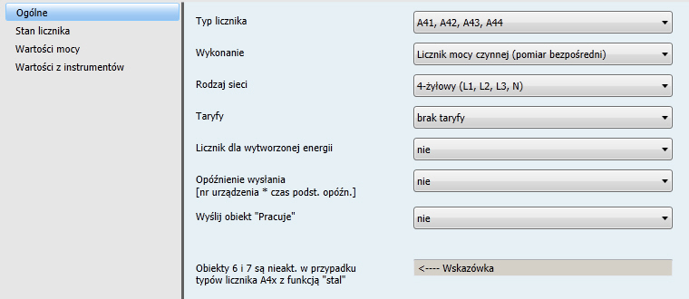 Uruchamianie 3.2.1 Okno parametrów Ogólne W oknie parametrów Ogólne wprowadza się nadrzędne ustawienia parametrów przyłączonego licznika.