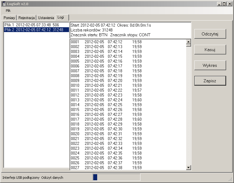 Logi(Wyniki) Po jej wybraniu i wciśnięciu odczyt program LogSoft odczytuje wszystkie wyniki zapisane w rejestratorze.