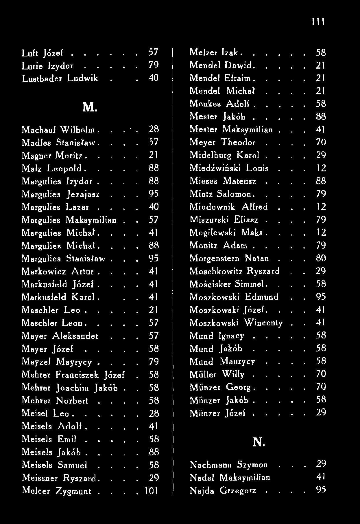 I l l Luft J ó z e f...57 Lurie I z y d o r...79 Lustbader Ludwik.. 40 M. Machauf Wilhelm.... 28 Madfes Stanislaw.... 57 Magner M oritz...21 Malz L e o p o ld...88 Margulies Izydor.