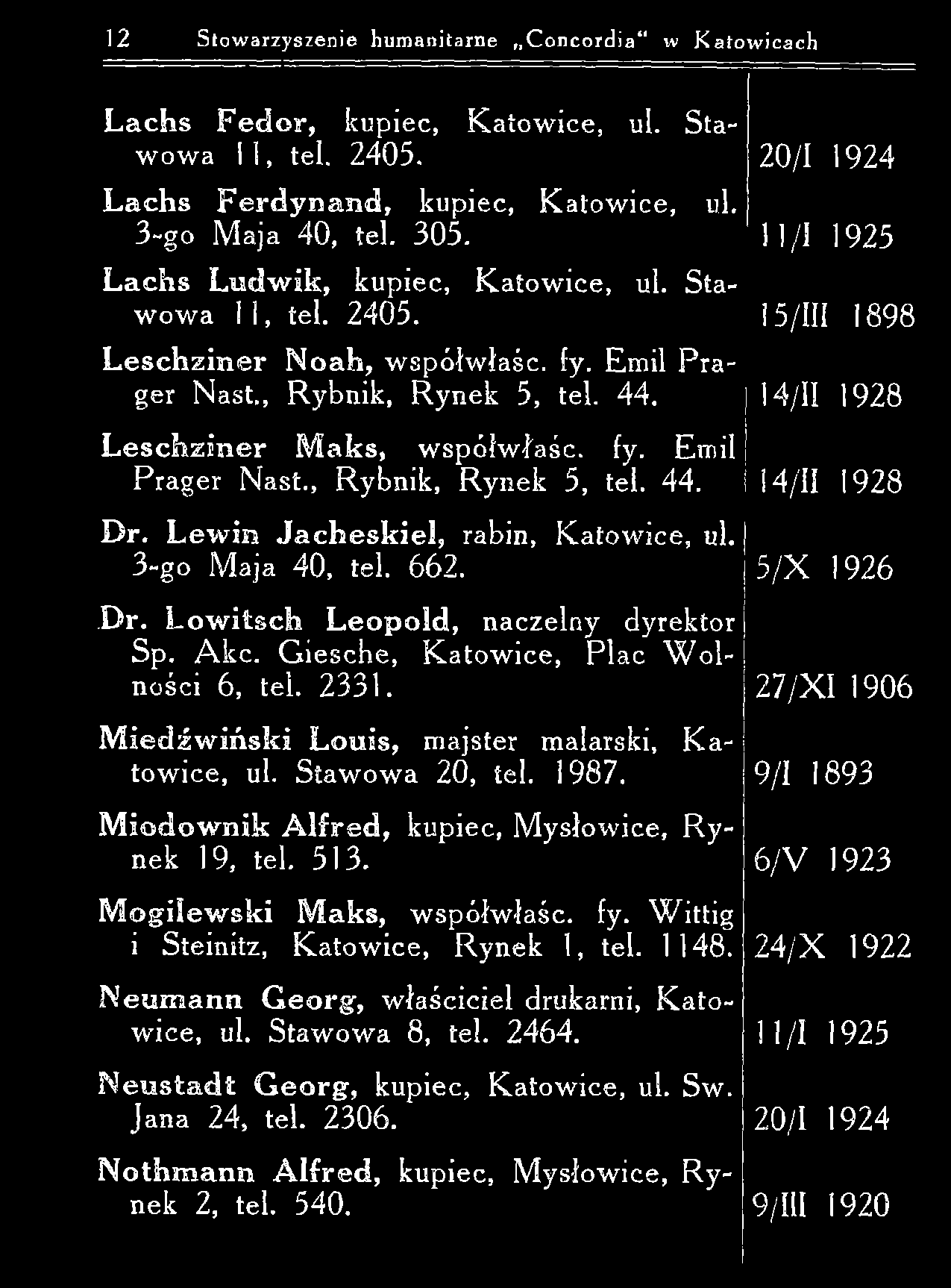 12 Stowarzyszenie humanitarne Concordia w Katowicach L a c h s F e d o r, kupiec, K atow ice, ul. Staw ow a I I, teł. 2405. L a c h s F e r d y n a n d, kupiec, K atow ice, ul. 3-go M aja 40, tel.