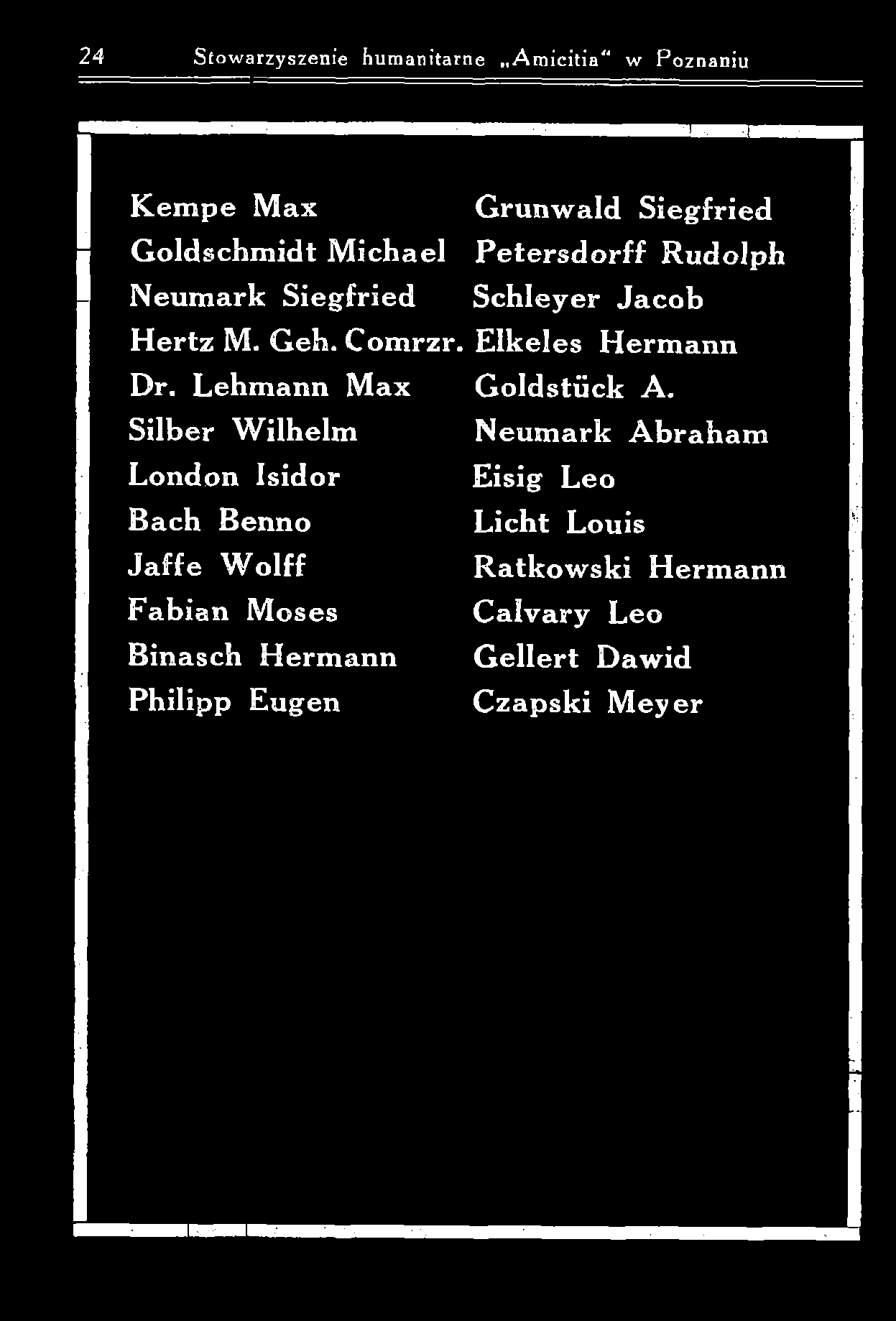 24 Stowarzyszenie humanitarne A m icitia w Poznaniu K e m p e M ax G ru n w ald S ieg fried G o ld sch m id t M ich a el P e te r sd o r ff R u d olp h N eu m ark S ieg fried S c h le y e r J a cob H