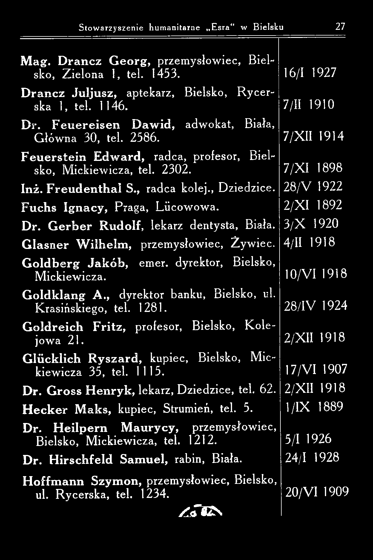 Stowarzyszenie humanitarne E sra w Bielsku 27 M ag. D ra n c z G e o rg, przem ysłow iec, Bielsko, Z ielona 1, tel. 1453. D ra n cz Juljusz, aptekarz, Bielsko, R y cerska 1, tel. 1146. D r. F e u e r e is e n D a w id, adw okat, Biała, G łów na 30, tel.