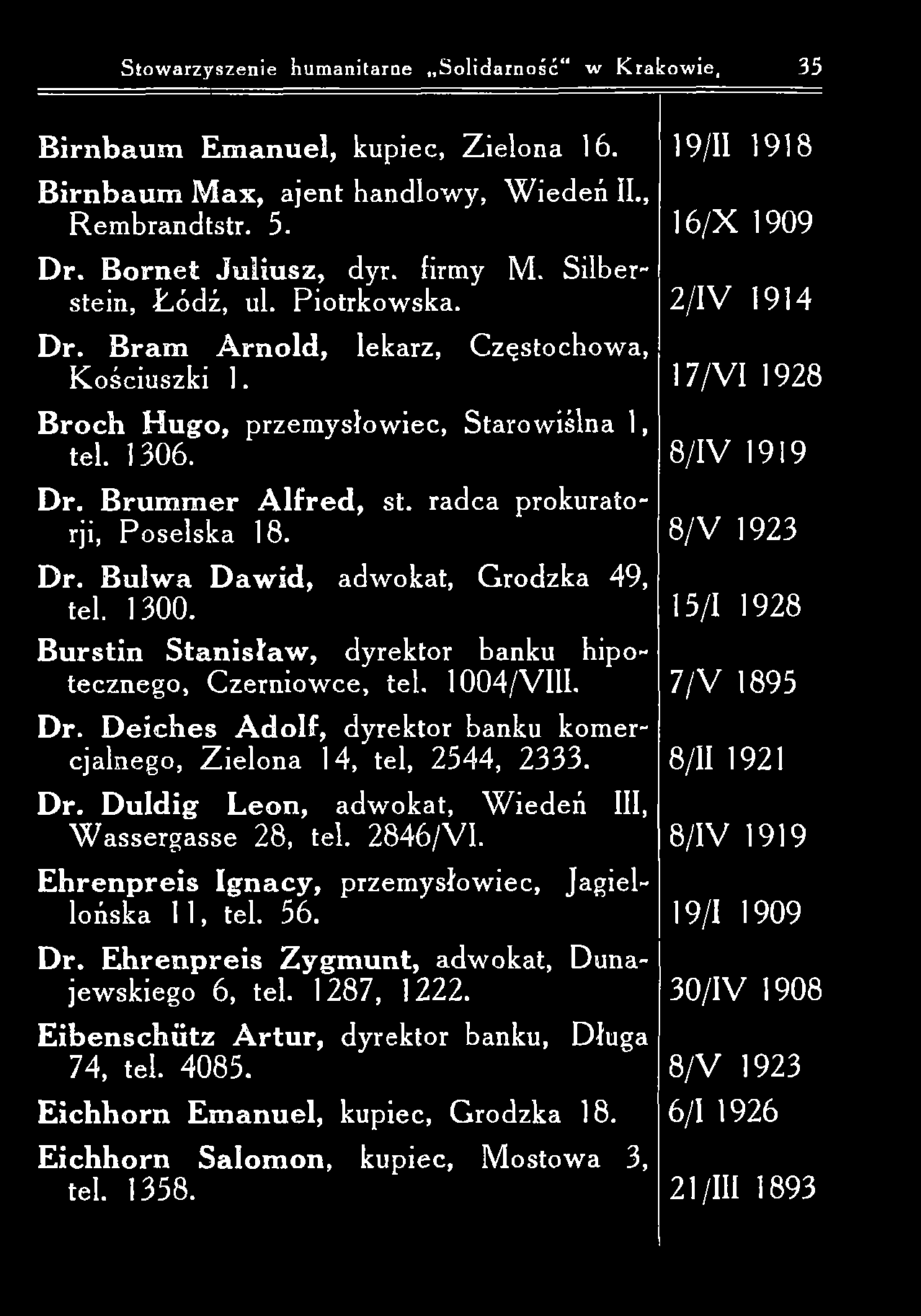 Stow arzyszenie humanitarne S olidarność w Krakowie, 35 B irnbaum E m anuel, kupiec, Z ielona 16. 19/11 1918 B irnbaum M ax, ajent handlowy, W iedeń II., R em brandtstr. 5. 16/X 1909 D r.