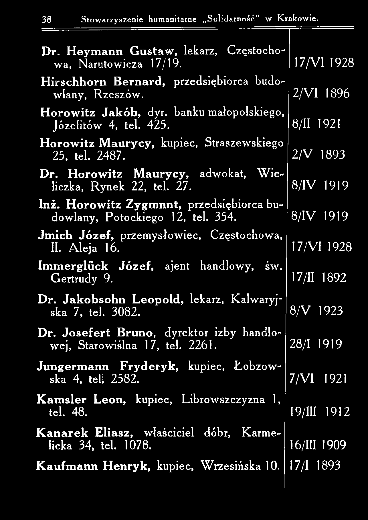 38 Stow arzyszenie humanitarne S olidarność w Krakowie. D r. H ey m a n n G u staw, lekarz, C zęstochow a, N arutow icza 17/19. 17/V I 1928 H irsch h orn B ern ard, przedsiębiorca budowlany, R zeszów.