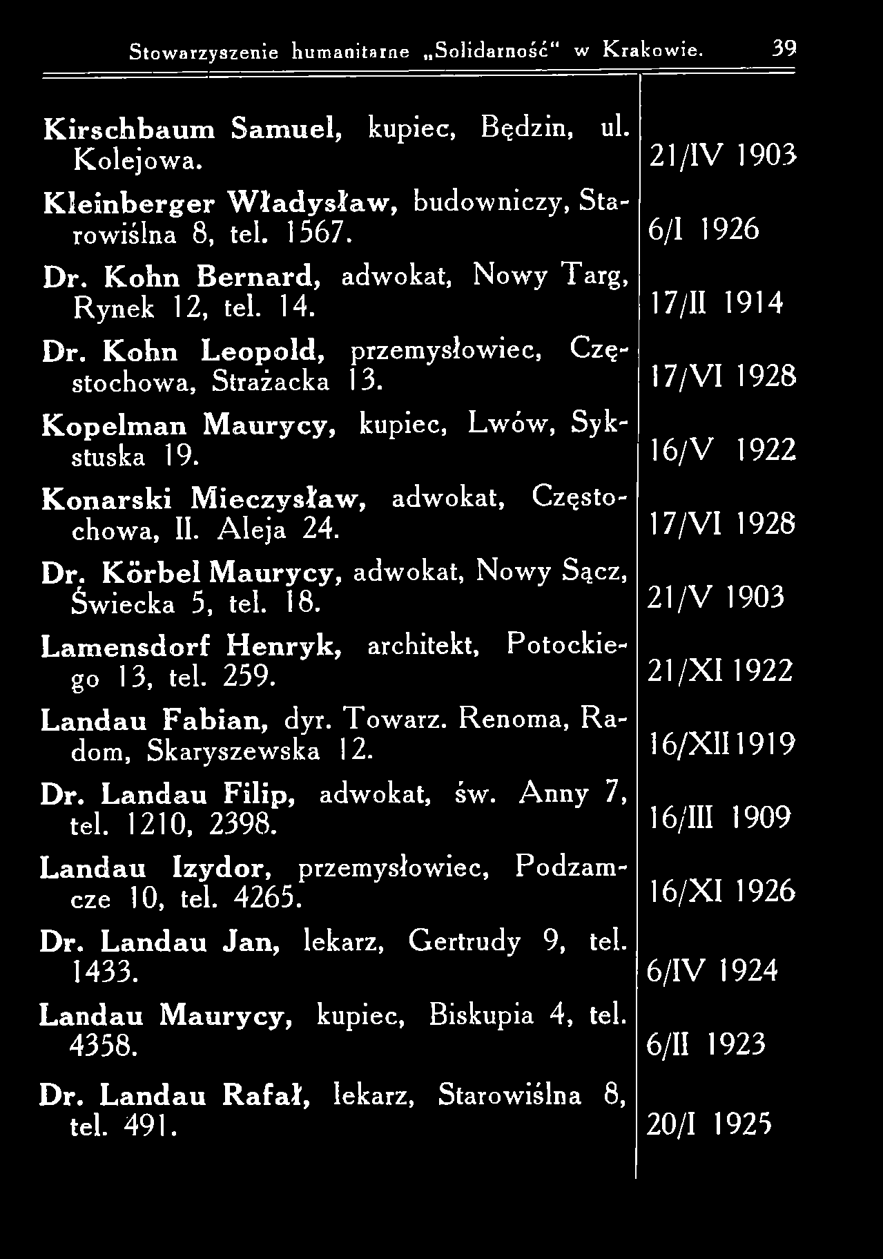 Stow arzyszenie hum anitarne Solidarność w K rakow ie. 39 K irsch b aum S am u el, kupiec, Będzin, ul. K olejow a. 21/IV 1903 K le in b erg er W ła d y s ła w, budowniczy, S tarow iślna 8, tel. 1567.