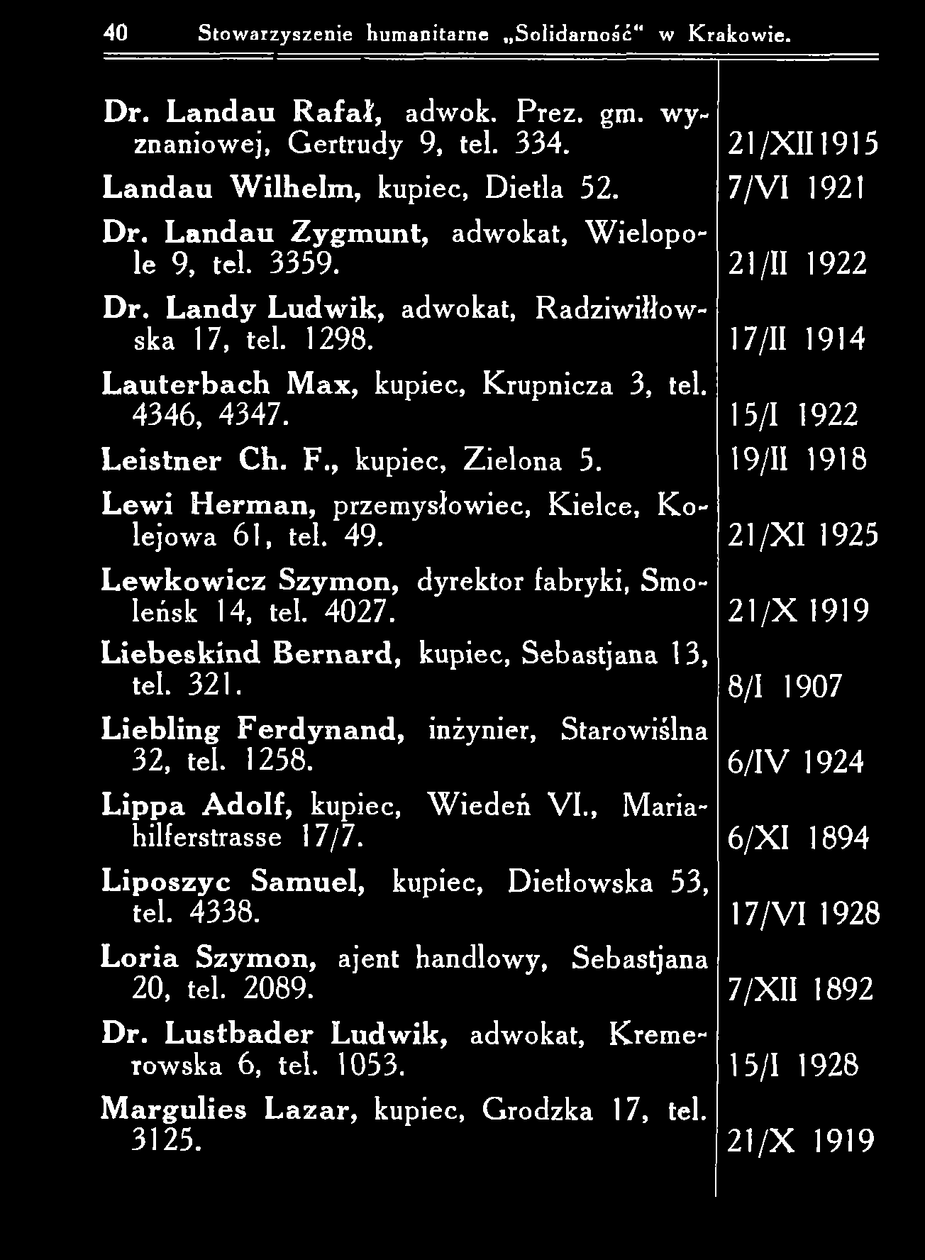 40 Stow arzyszenie hum anitarne Solidarność w K rakow ie. D r. L an d au R a fa ł, adwok. P rez. gm. w y znaniow ej, G ertrudy 9, tel. 334. 21/ X I I 1915 L andau W ilh elm, kupiec, D ietla 52.