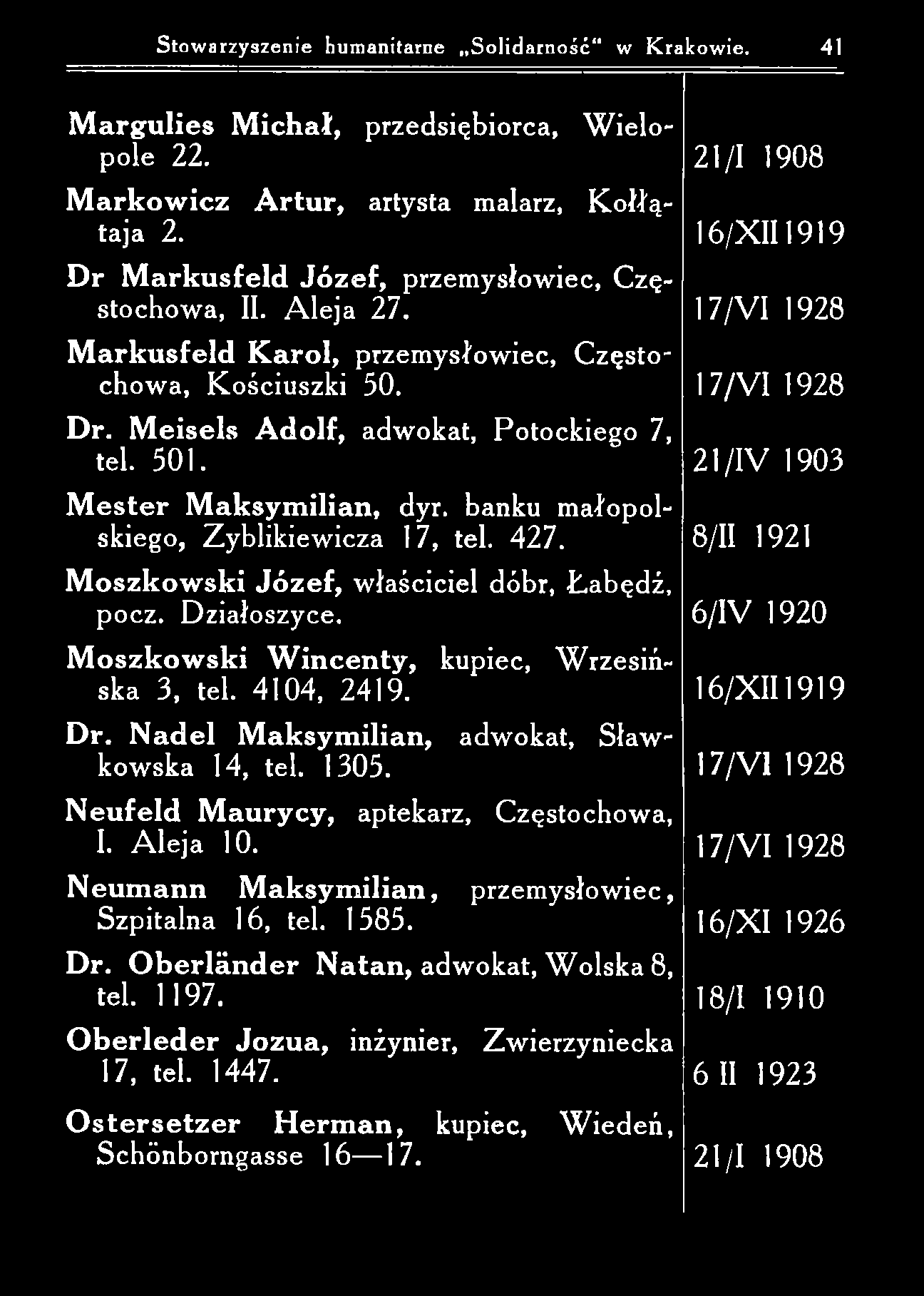 Stow arzyszenie humanitarne S olidarność w K rakow ie. 41 M a rg u lies M ich a ł, przedsiębiorca, W ielo pole 22. 21/1 1908 M a rk o w icz A rtur, artysta malarz, K o łłątaja 2.