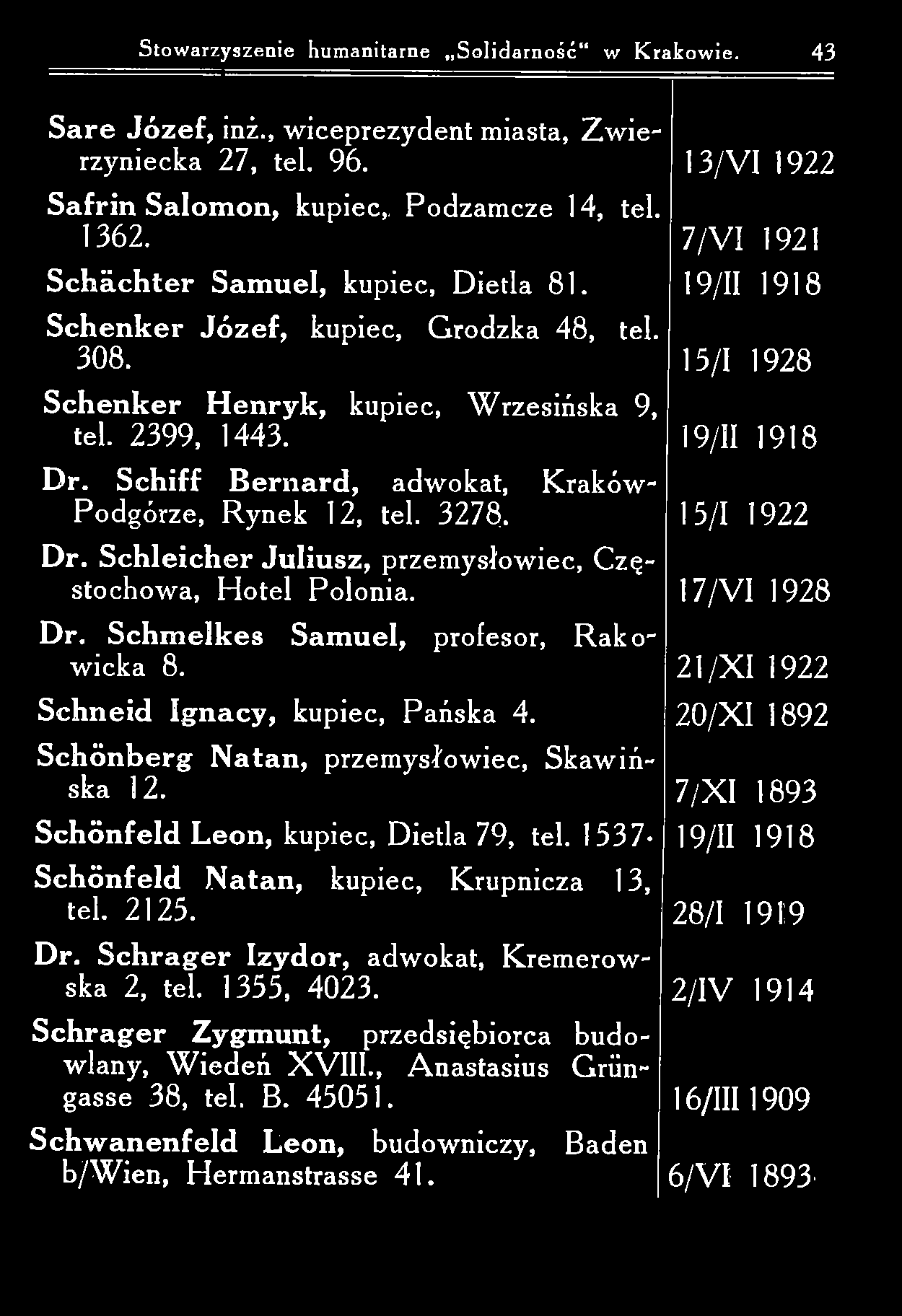 Stow arzyszenie humanitarne S olidarność w K rakow ie. 43 S a re J ó z e f, inż., w iceprezydent miasta, Z w ierzyniecka 27, tel. 96. Safrin S alom on, kupiec,. Podzam cze 14, tel. 1362.