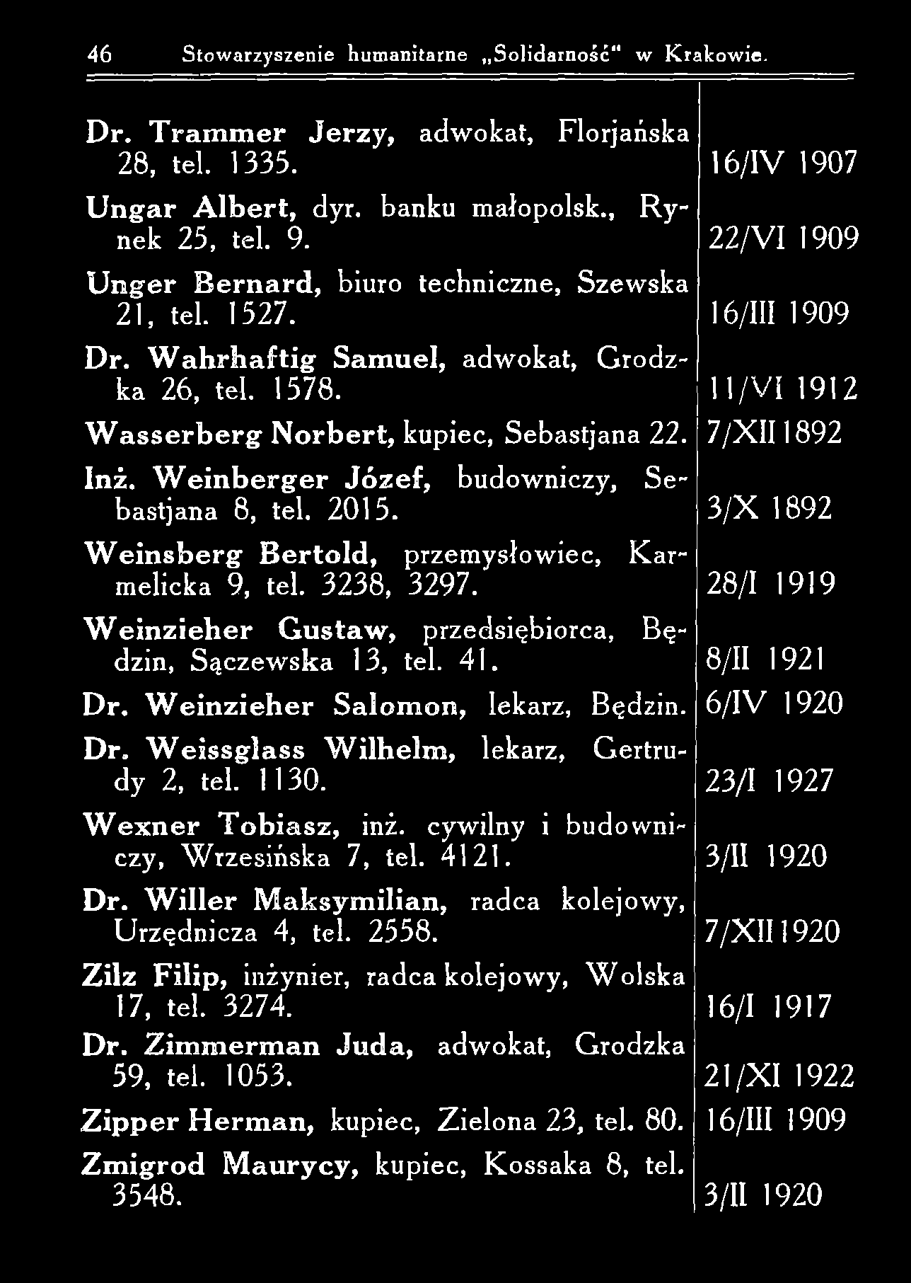 46 Stow arzyszenie hum anitarne Solidarność w K rakow ie. D r. T ram m er Jerzy, adwokat, Florjańska 28, tel. 1335. U n g a r A lb e r t, dyr. banku małopolsk., R y nek 25, tel. 9.