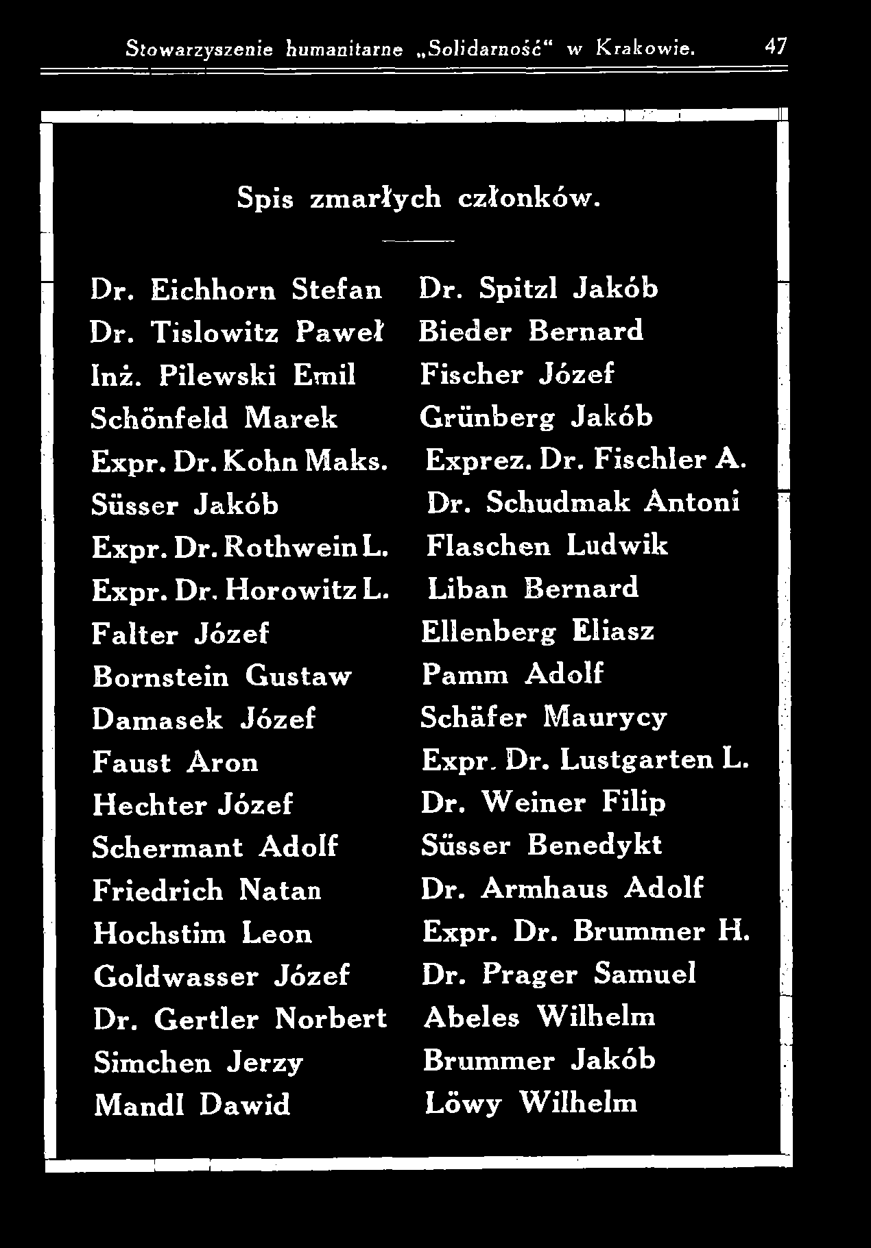 Stow arzyszenie hum anitarne S olidarność w K rakow ie. 47 Spis z m a rły ch czło n k ó w. Dr. E ichhorn S tefa n D r. T islo w itz P a w e ł Inż. P ilew sk i Em il S ch ö n feld M arek E xpr. Dr. K ohn M aks.