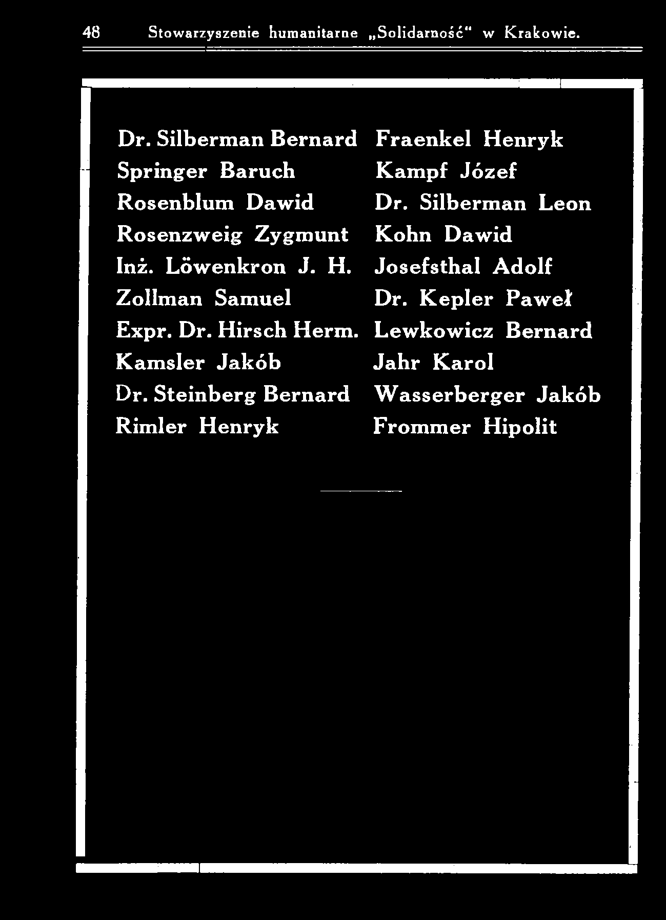 48 Stowarzyszenie hum anitarne Solidarność w Krakowie. D r. S ilb erm an B ern ard S p rin ger B aruch R o sen b lu m D a w id R o se n z w e ig Z ygm u n t Inż. L ö w en k ro n J. H.