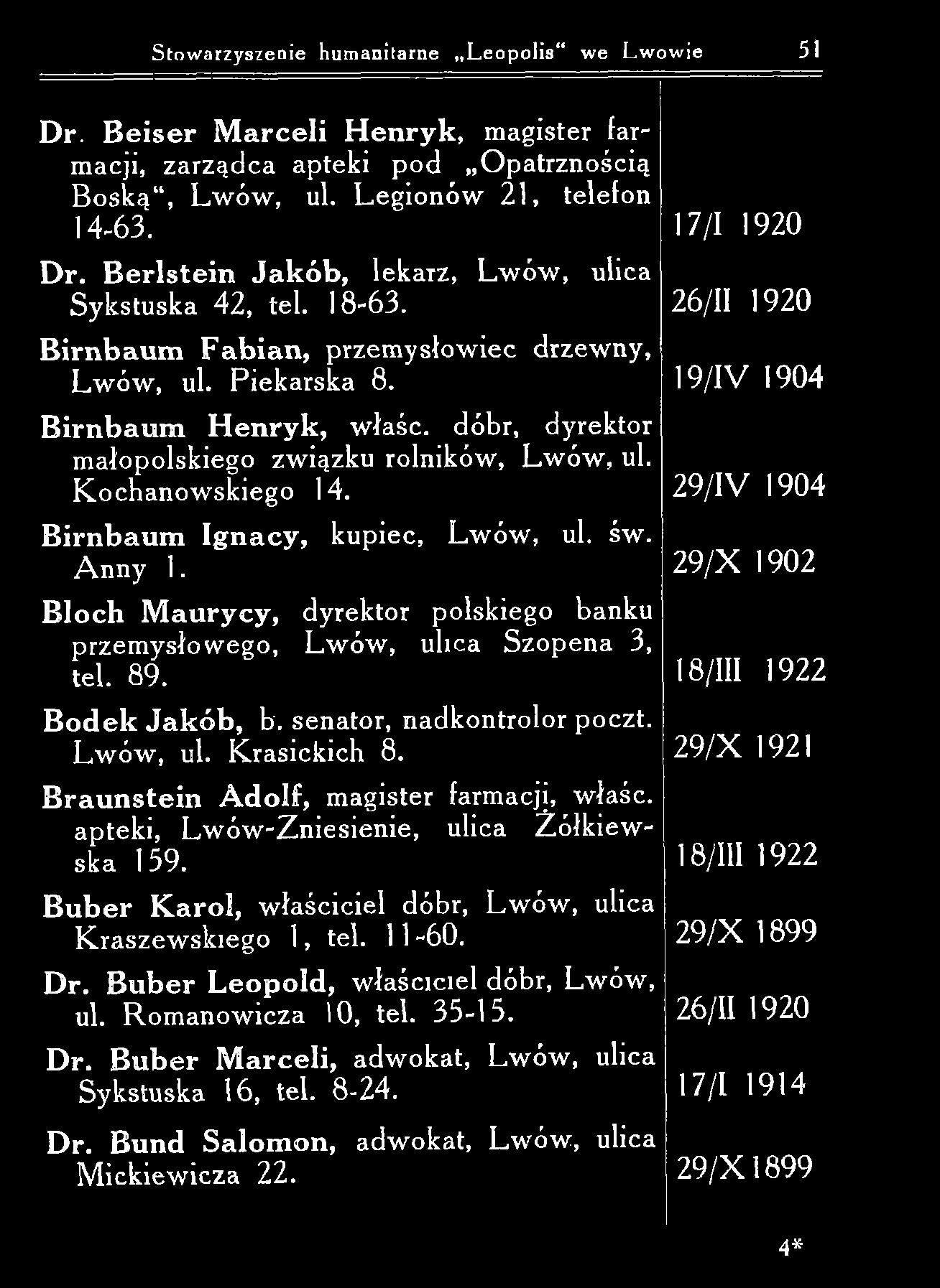 Stow arzyszenie humanitarne L eopolis we Lwowie 51 D r. B e ise r M arceli H en ryk, magister farmacji, zarządca apteki pod O patrznością B oską, Lwów, ul. Legionów 21, telefon 14-63. 17/1 1920 D r.