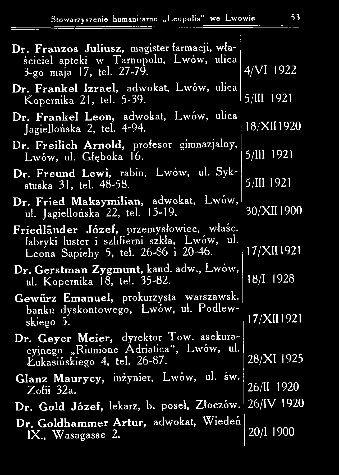 Stowarzyszenie humanitarne L eopolis we Lwowie 53 D r. F ra n zo s Juliu sz, magister farmacji, w łaściciel apteki w T arnopolu, Lwów, ulica 3-go maja 17, tel. 27-79. D r. F ran k el Izra el, adwokat, Lwów, ulica K opernika 21, tel.