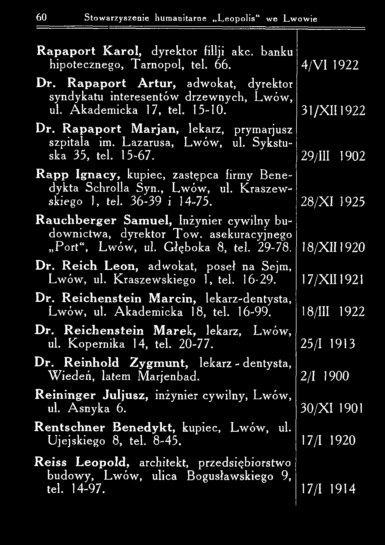 60 Stowarzyszenie humanitarne L eopolis we Lwowie R a p a p o rt K arol, dyrektor fillji akc. banku hipotecznego, T arnopol, tel. 66. 4 / V I 1922 D r.