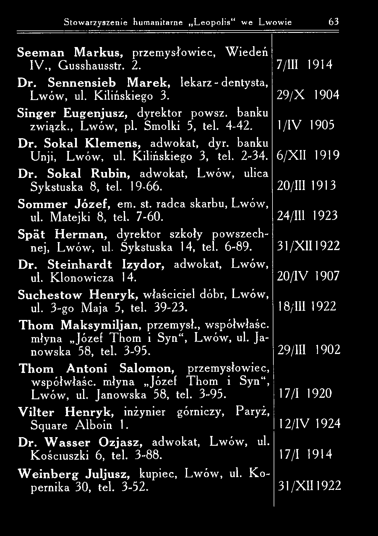 Stowarzyszenie humanitarne L eopolis we Lwowie 63 S eem a n M arkus, przem ysłow iec, W iedeń IV., G usshausstr. 2. D r. S en n en sieb M arek, lekarz - dentysta, L w ów, ul. Kilińskiego 3.