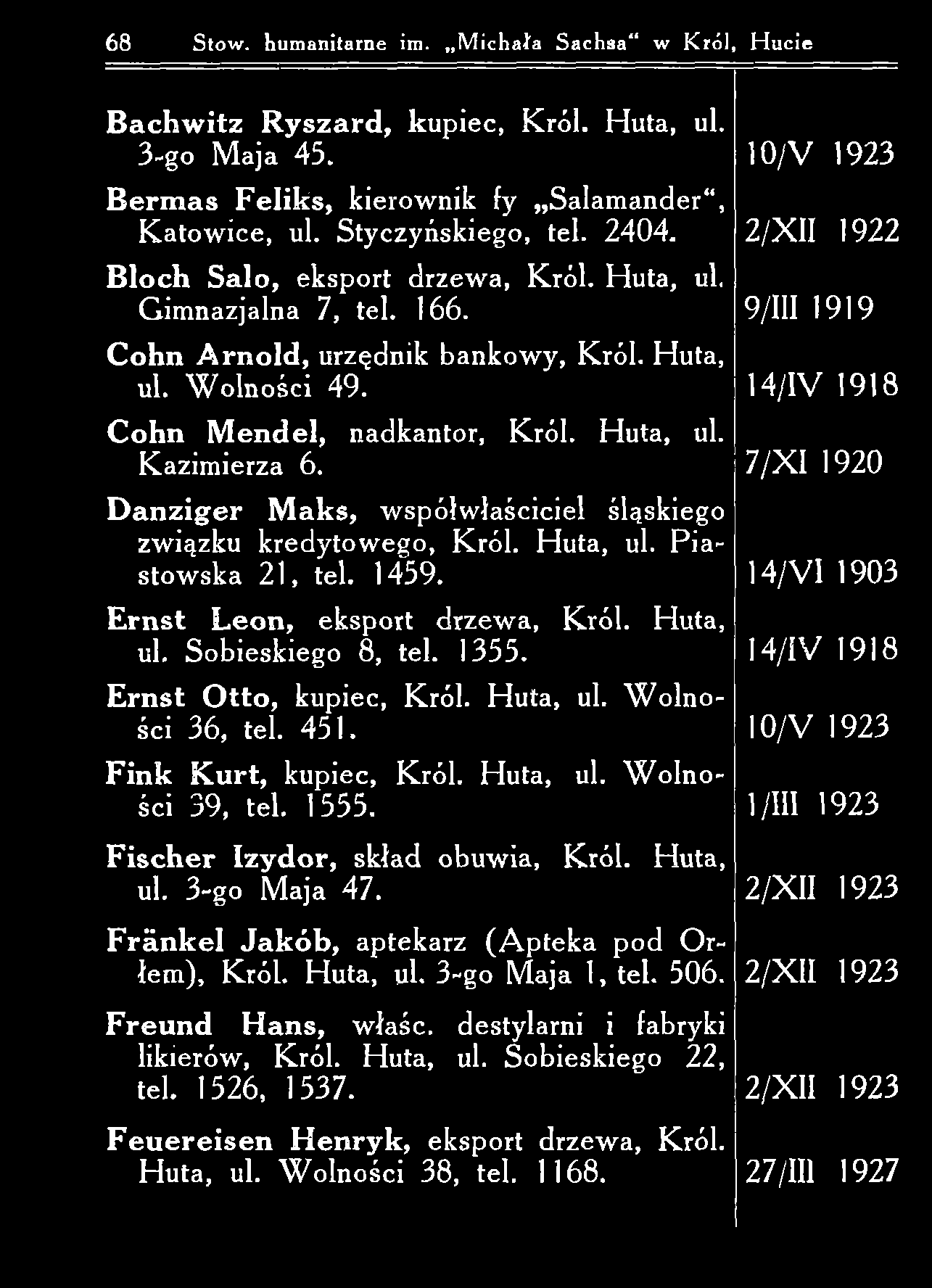 68 Stow, humanitarne im. M ichała S achsa w Król, H ucie B a ch w itz R y sza rd, kupiec, Król. H uta, ul. 3-go M aja 45. 10/V 1923 B erm a s F elik s, kierownik fy Salam ander, K atow ice, ul.