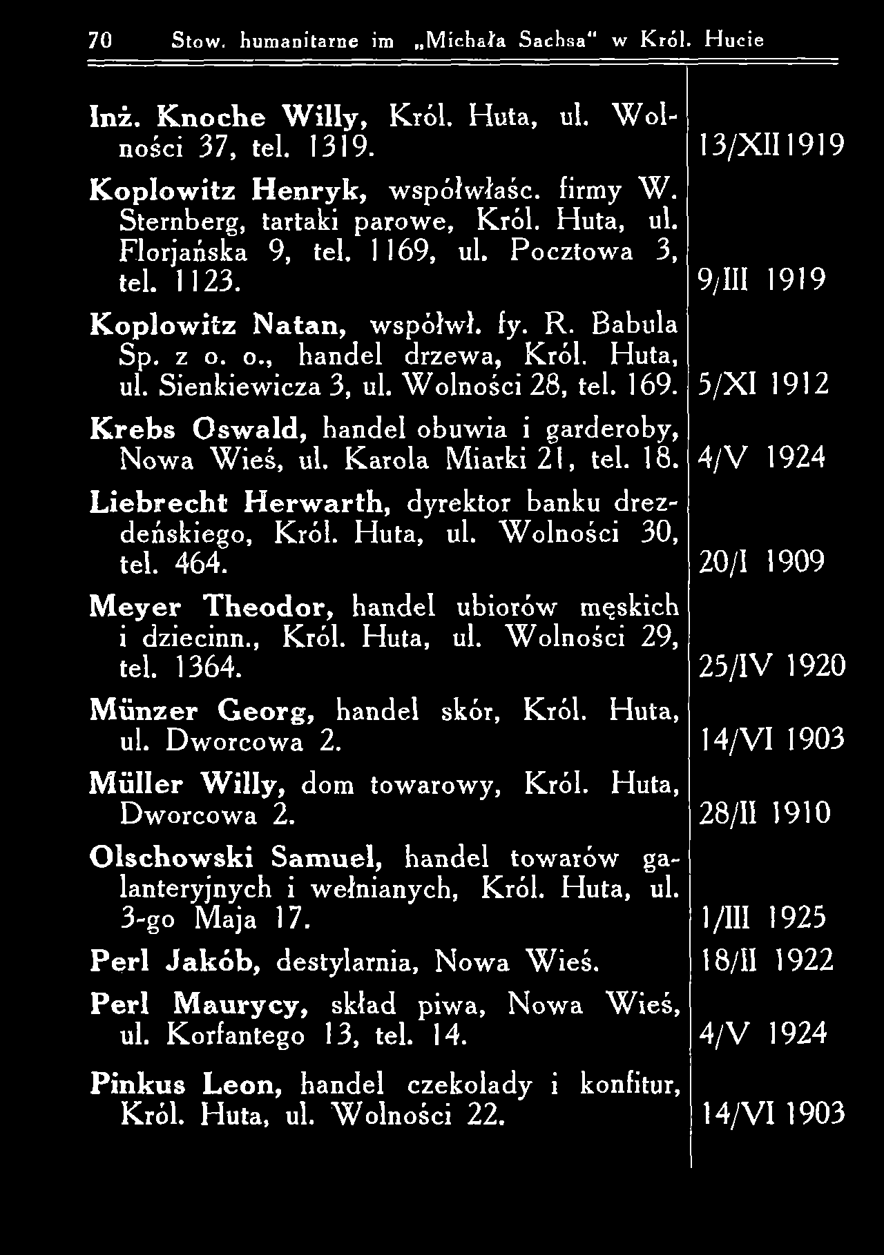 70 Stow, humanitarne im M ichała Sachsa w K ról. H ucie Inż. K n o ck e W illy, Król. H uta, ul. W o l ności 37, tel. 1319. 13/X I11919 K o p lo w itz H en ry k, w spólw łaśc. firmy W.