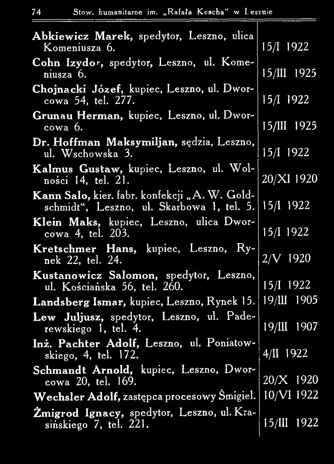 74 Stow, humanitarne im. R afała K oscha w Lesznie A b k ie w ic z M arek, spedytor, Leszno, ulica K om eniusza 6. C ohn I z y d o r, spedytor, Leszno, ul. K om e niusza 6.