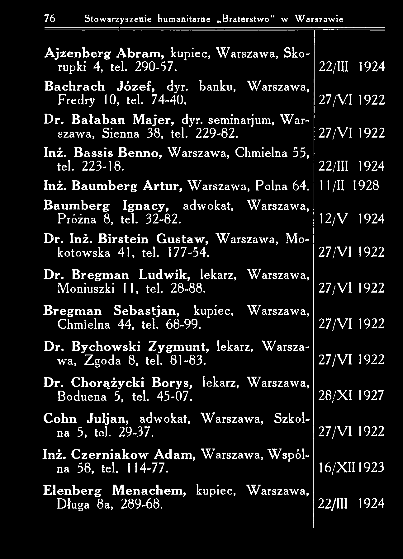 76 Stowarzyszenie humanitarne B raterstw o w W arszawie A jz e n b e r g A b ram, kupiec, W arszaw a, Skorupki 4, tel. 290-57. 22/111 1924 B a ch rach J ó z e f, dyr.