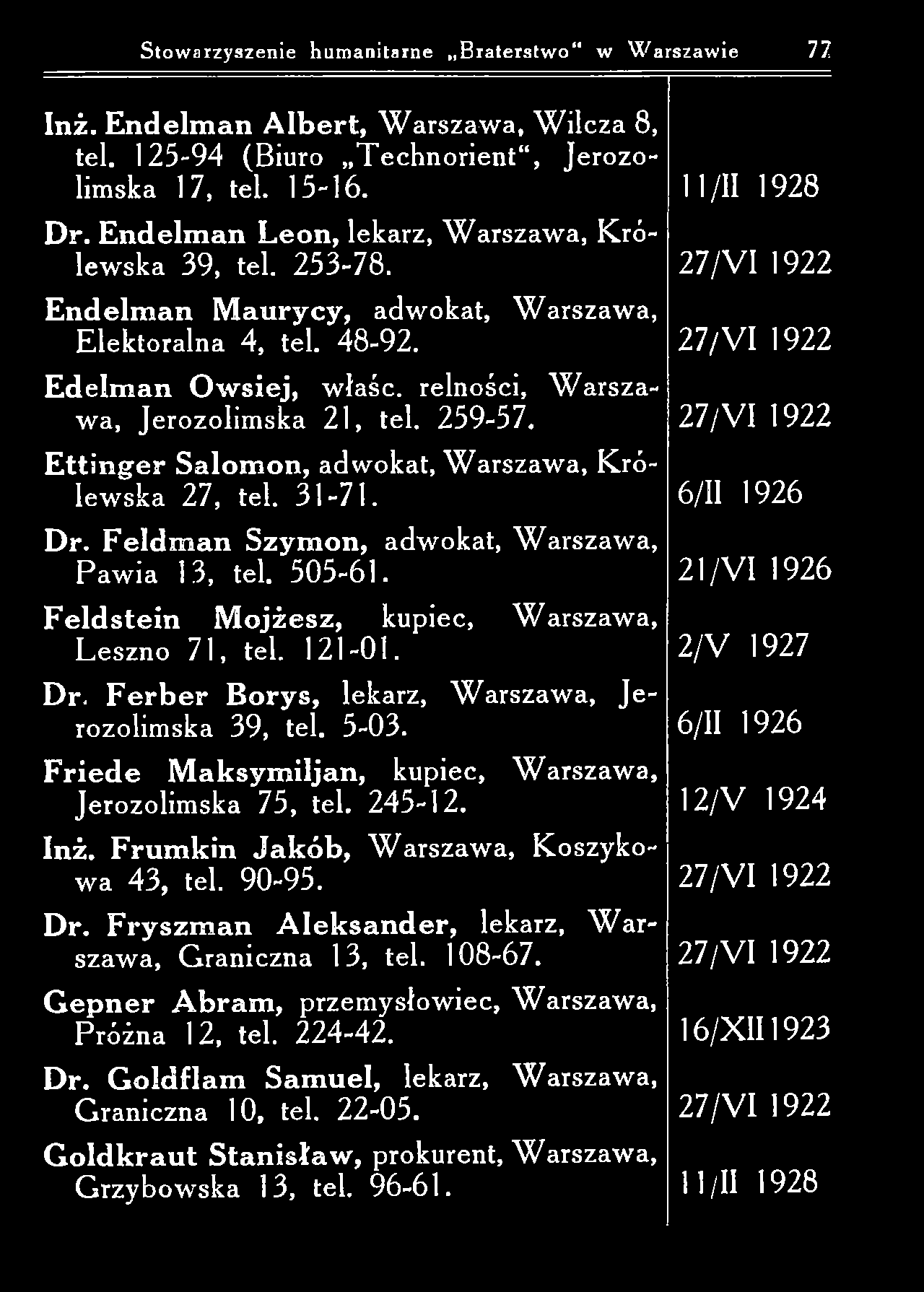 Stowarzyszenie humanitarne B raterstw o w W arszawie 77 Inż. E n d elm an A lb ert, W arszaw a, W ilcza 8, tel. 125-94 (Biuro T ech n o rien t, Jerozolimska 17, tel. 15-16. D r.