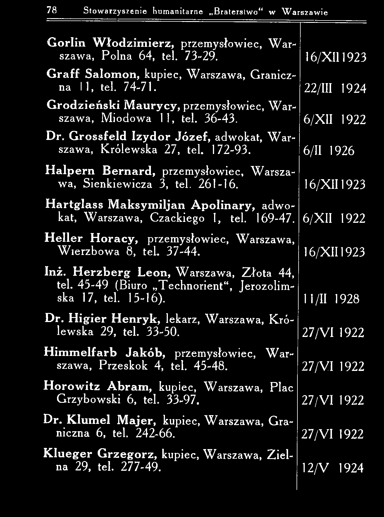 78 Stowarzyszenie humanitarne Braterstwo w W arszaw ie G orlin W ło d z im ie r z, przem ysłowiec, W arszaw a, P olna 64, tel. 73-29.