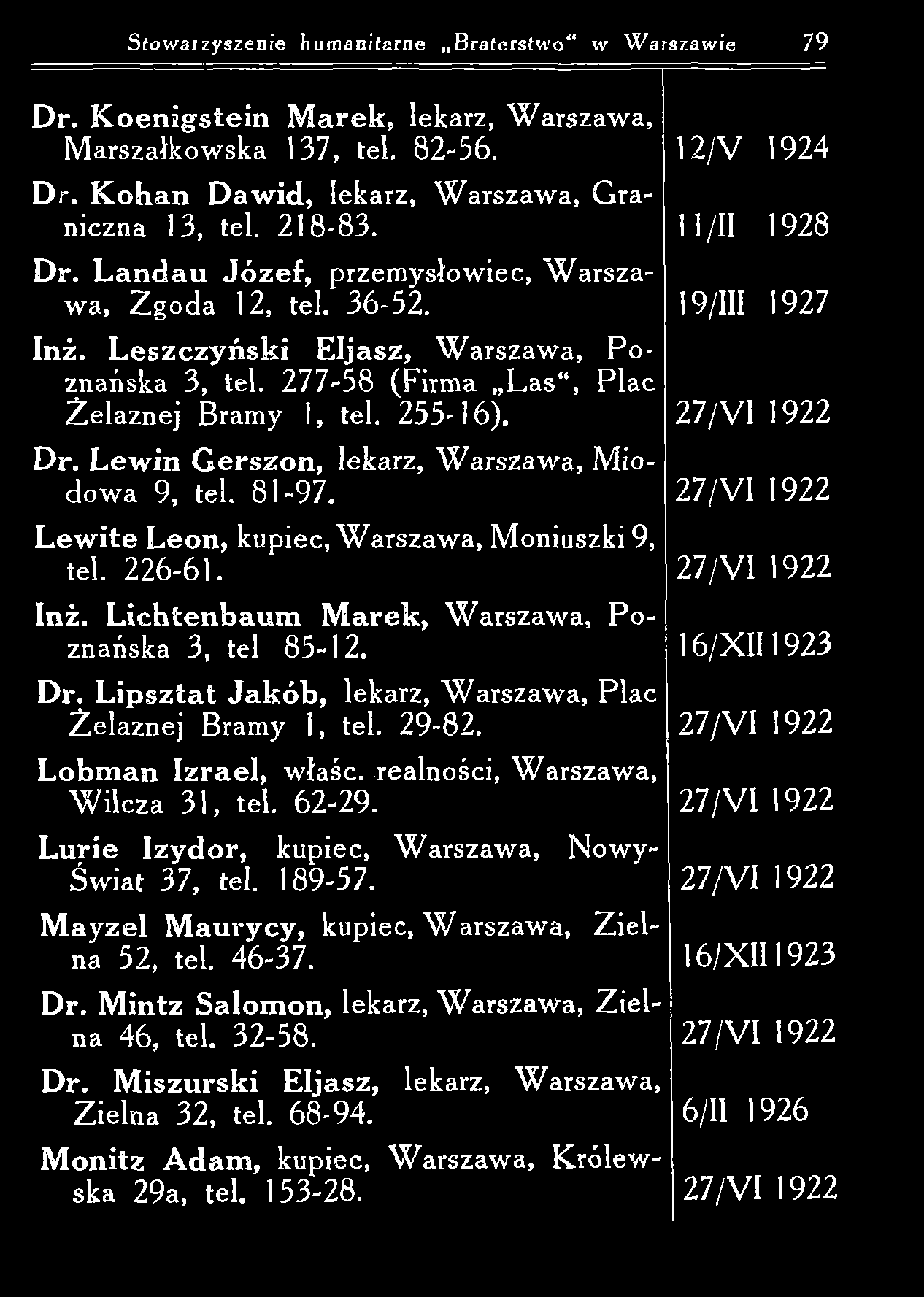 Stowarzyszenie humanitarne B raterstw o w W arszawie 79 D r. K o e n ig ste in M arek, lekarz, W arszaw a, M arszałkow ska 137, tel. 82-56. D r. K o h a n D a w id, lekarz, W arszaw a, G raniczna 13, tel.