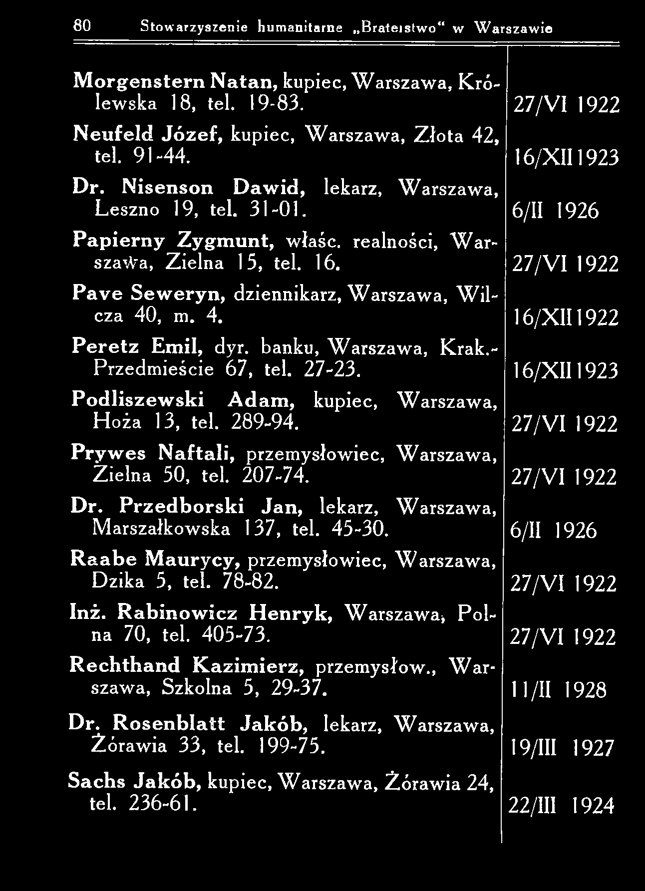 80 Stowarzyszenie humanitarne B rateistw o w W arszaw ie M o rg en stern N atan, kupiec, W arszaw a, K rólew ska 18, tel. 19-83.