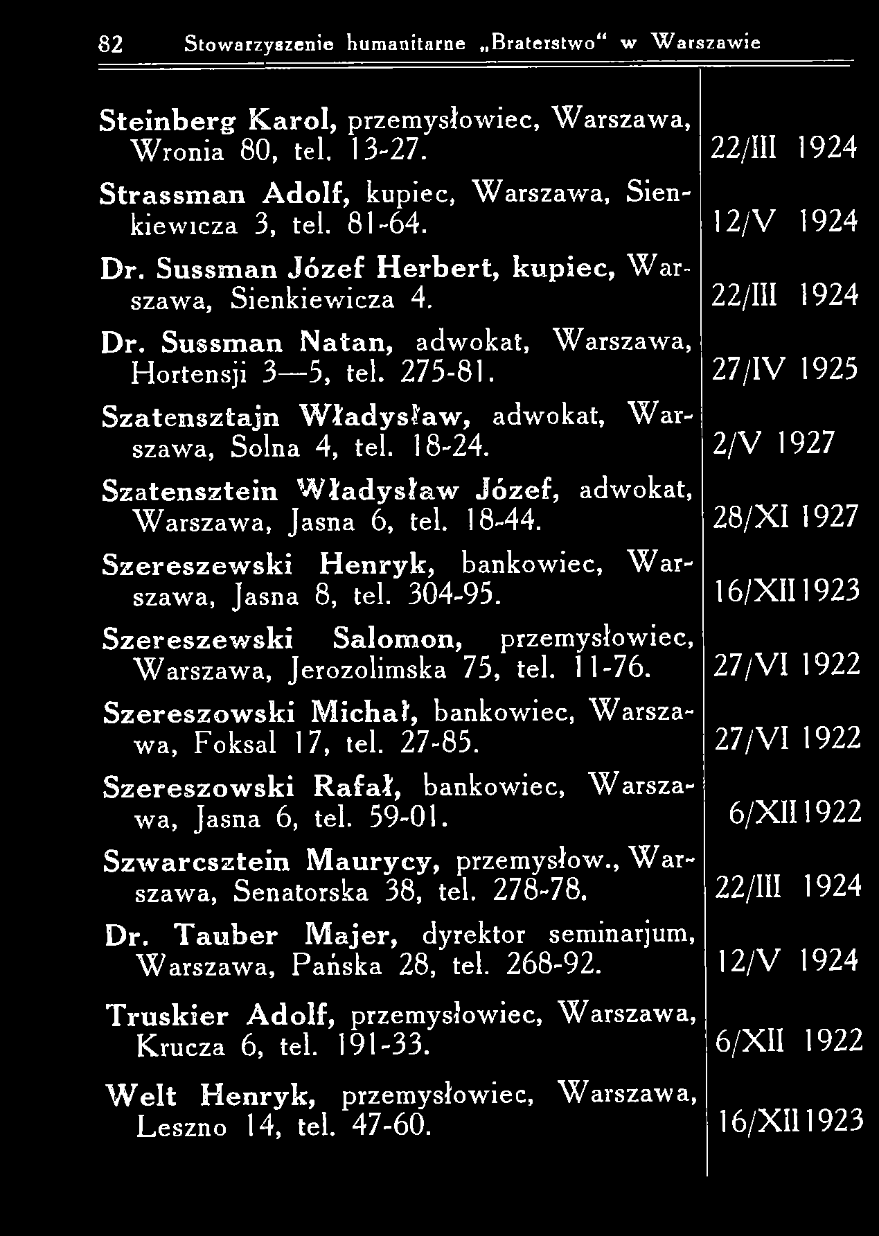 82 Stowarzyszenie humanitarne Braterstwo w W arszaw ie S te in b e r g K arol, przem ysłowiec. W arszaw a, W ronia 80, tel. 13-27. S tra ssm a n A d o lf, kupiec, W arszaw a, Sienkiew icza 3, tel.