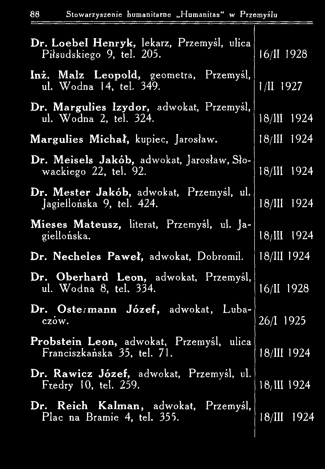 8 8 Stowarzyszenie humanitarne H um anitas" w Przemyślu D r. L o e b e l H en ryk, lekarz, Przem yśl, ulica Piłsudskiego 9, tel. 205. 16/11 1928 Inż. M alz L eo p o ld, geom etra, Przemyśl, ul.