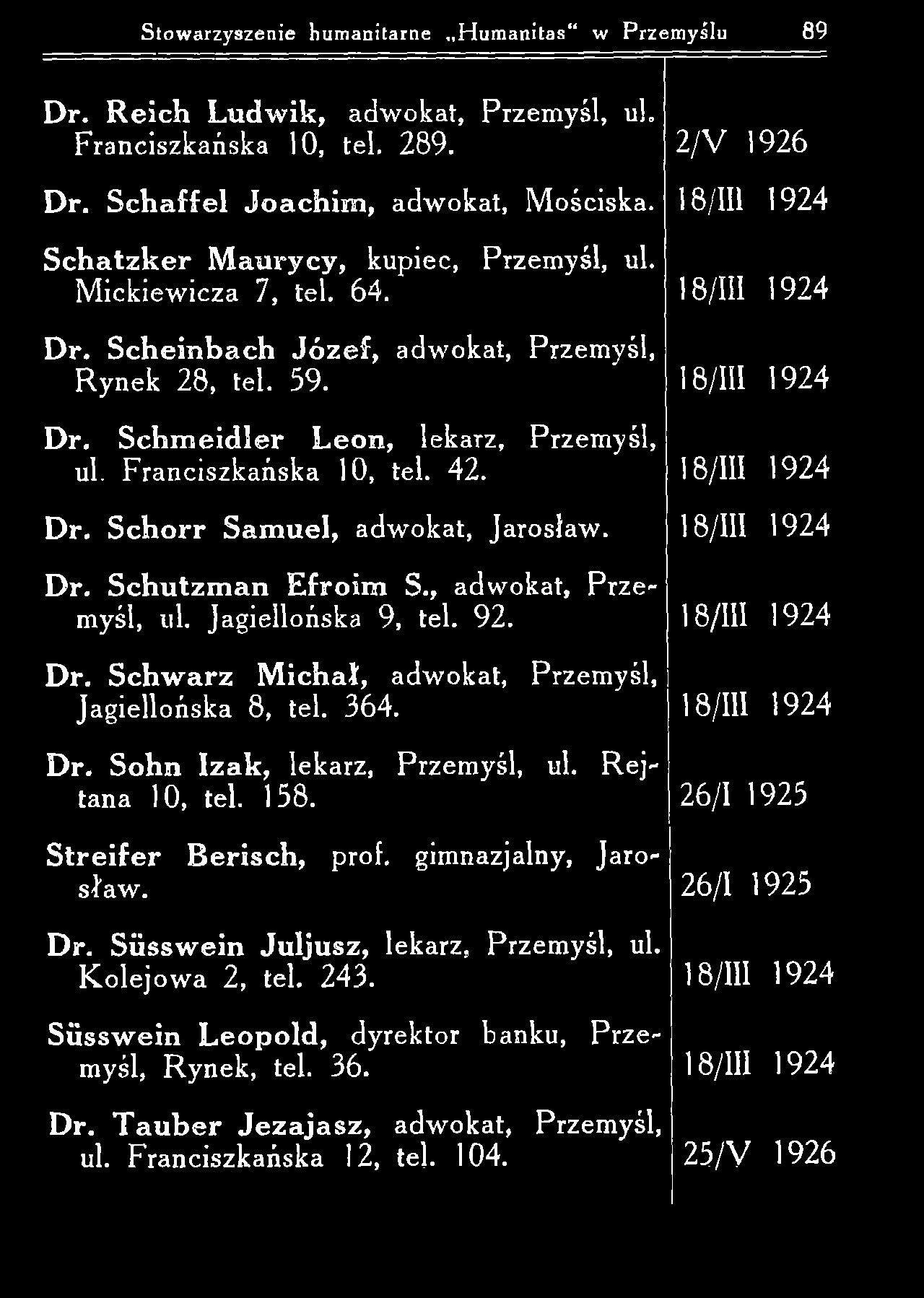 Stowarzyszenie humanitarne H um anitas w Przemyślu 89 Dr. R eich L udw ik, adwokat, Przem yśl, ul. Franciszkańska 10, tel. 289. 2 /V 1926 D r. S c h a ffe l J oach im, adwokat, M ościska.