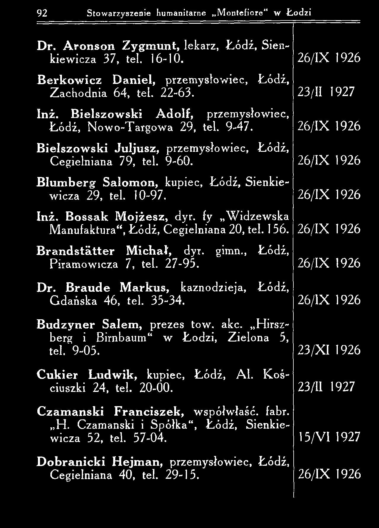 92 Stowarzyszenie humanitarne M ontefiore w -Łodzi D r. A ro n so n Z ygm u n t, lekarz, Ł ódź, Sienkiew icza 37, tel. 16-10.