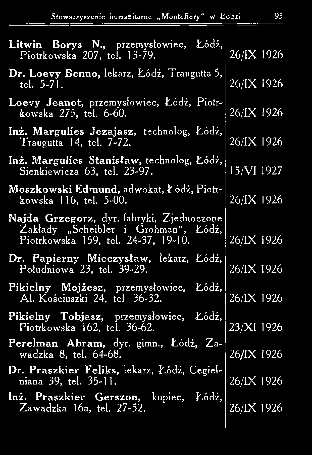 Stowarzyszenie humanitarne M ontefiory w Łodzi 95 L itw in B o ry s N., przem ysłowiec, Łódź, Piotrkow ska 207, teł. 13-79. 2 6/IX 1926 D r. L o e v y B e n n o, lekarz, Łódź, Traugutta 5, teł. 5-71.