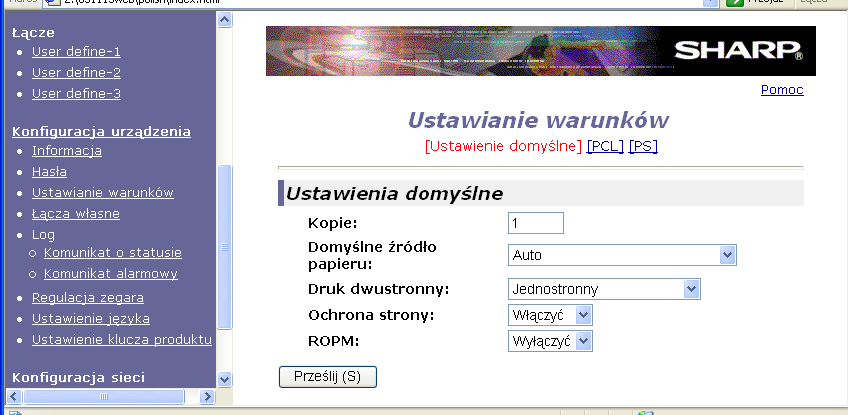 3 STRONA WWW URZĄDZENIA Konfigurowanie ustawień warunków drukarki (część ) Jak konfigurować ustawienia Aby wyświetlić ekran ustawień warunków, w menu łączy kliknij pozycję [Ustawianie warunków].