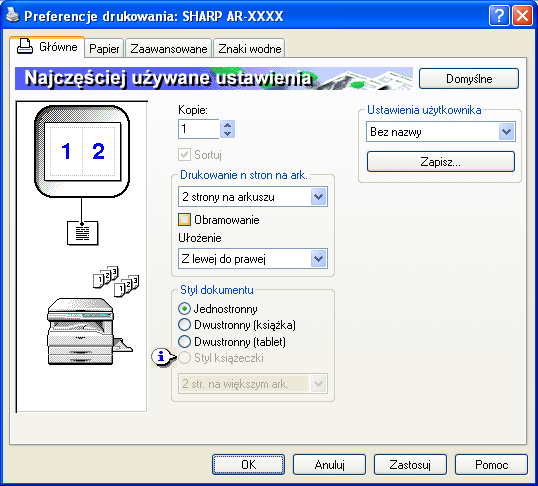 1 DRUKOWANIE Z SYSTEMU WINDOWS Ustawienia sterownika drukarki Aby wyświetlić Pomoc dla danego ustawienia, w prawym górnym rogu okna kliknij przycisk, a następnie kliknij dane ustawienie.