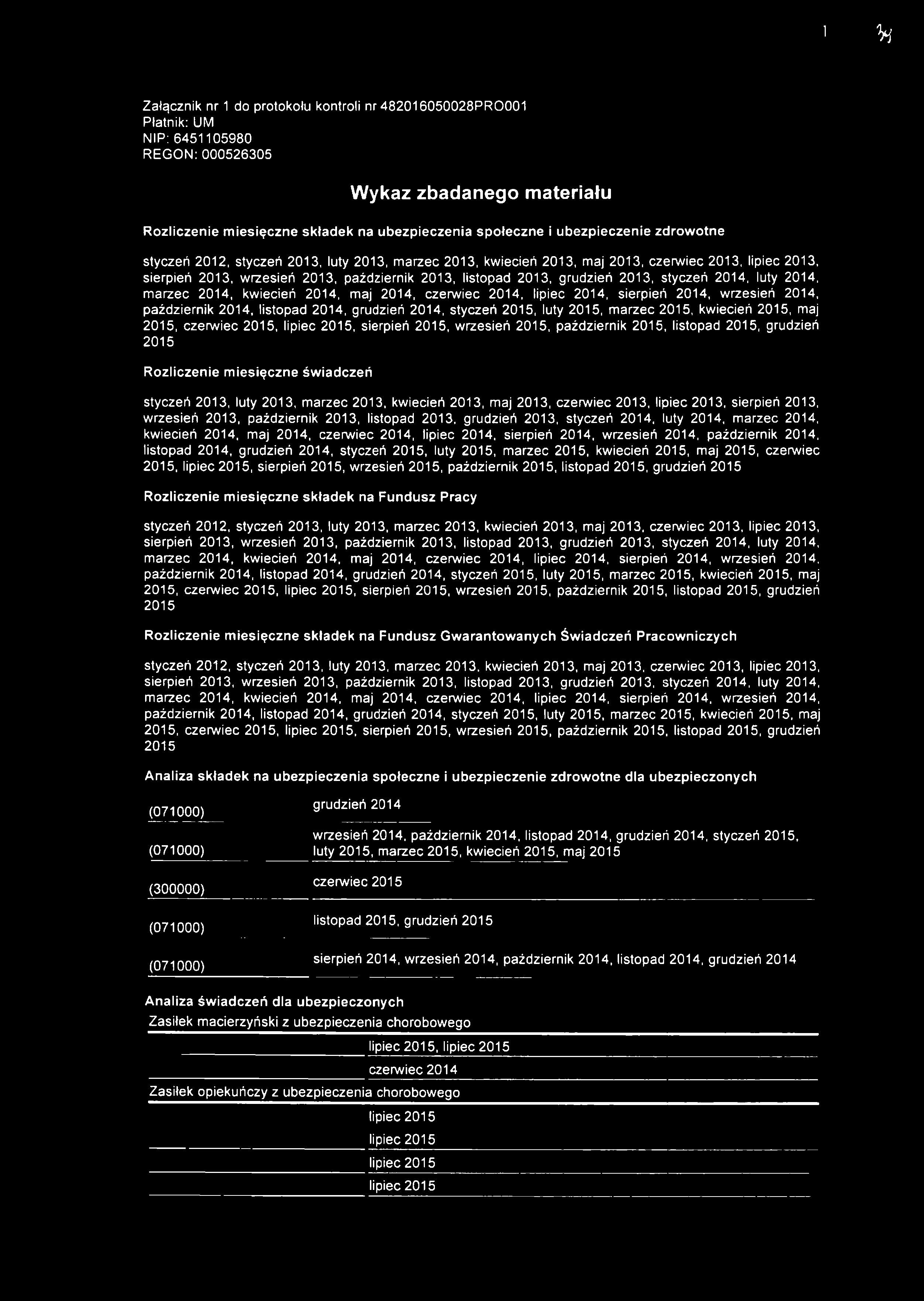 1 M Załącznik nr 1 do protokołu kontroli nr 482016050028PR0001 Płatnik: UM NIP:6451105980 REGON: 000526305 Wykaz zbadanego materiału Rozliczenie miesięczne składek na ubezpieczenia społeczne i