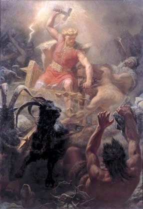 Thor walczący z gigantami." border=0 align=right> Thor - pierworodny syn Odyna, władca piorunów; zwany też Thórr.