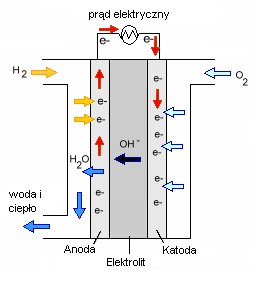 Rys.3. Schemat alkalicznego ogniwa paliwowego AFC [11 ]. Procesy zachodzące w alkalicznym ogniwie paliwowym są następujące: 1.