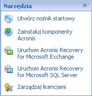 Pasek Czynności na komputerze zarządzanym i serwerze zarządzania Narzędzia Zawiera listę narzędzi Acronis. Identyczny we wszystkich widokach programu.